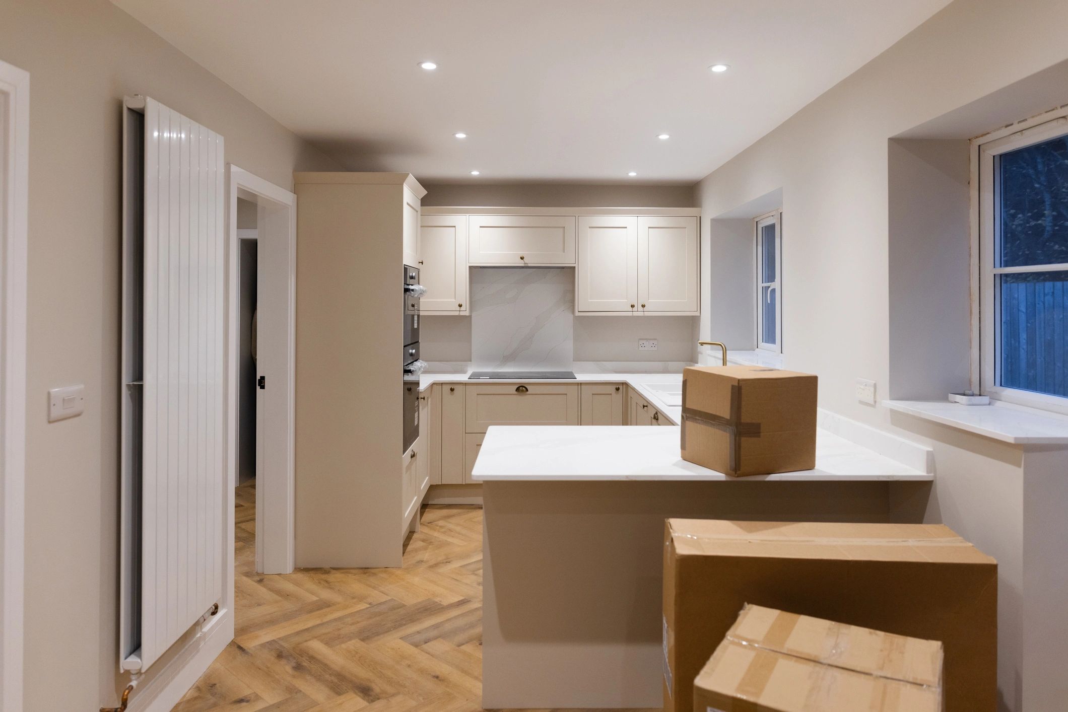 Interior space in transition with moving boxes